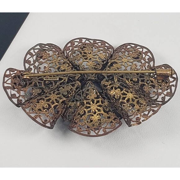 Antique Czech Art Deco Large Blue Glass Gold Tone Filigree Brooch - Picture 14 of 16